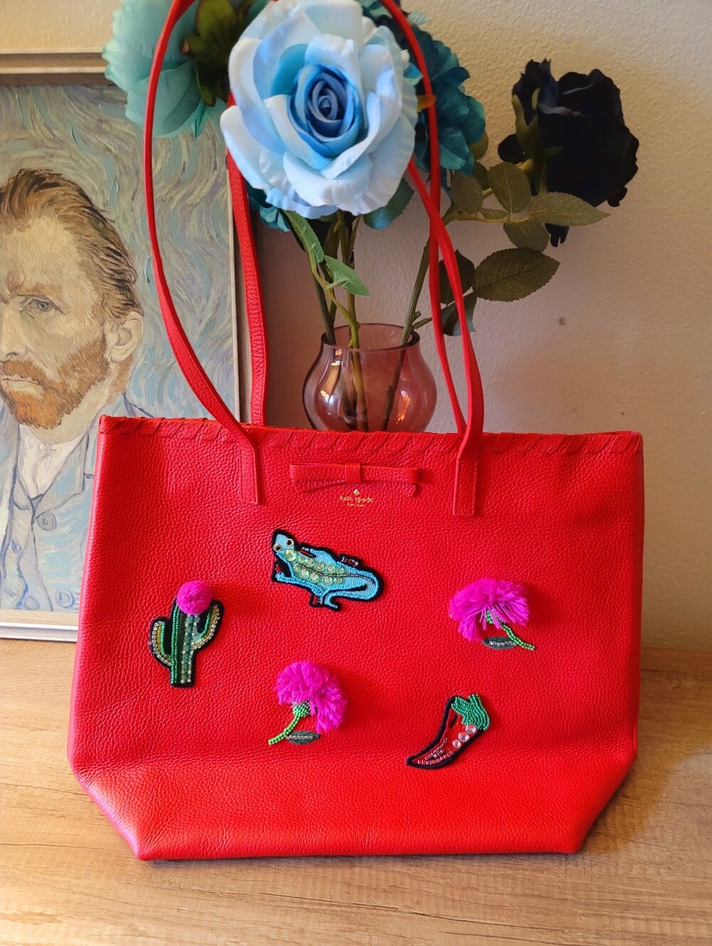 Kate Spade Hot Pink & Red Novelty On Purpose Prickly Pear pebbled leather Tote
